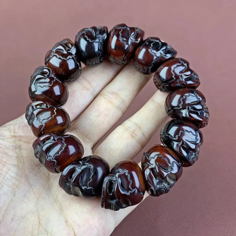 Tibetan Style Red Yak Horn Skull Bead Evil Spirit Bracelet Men with Blood Veins
