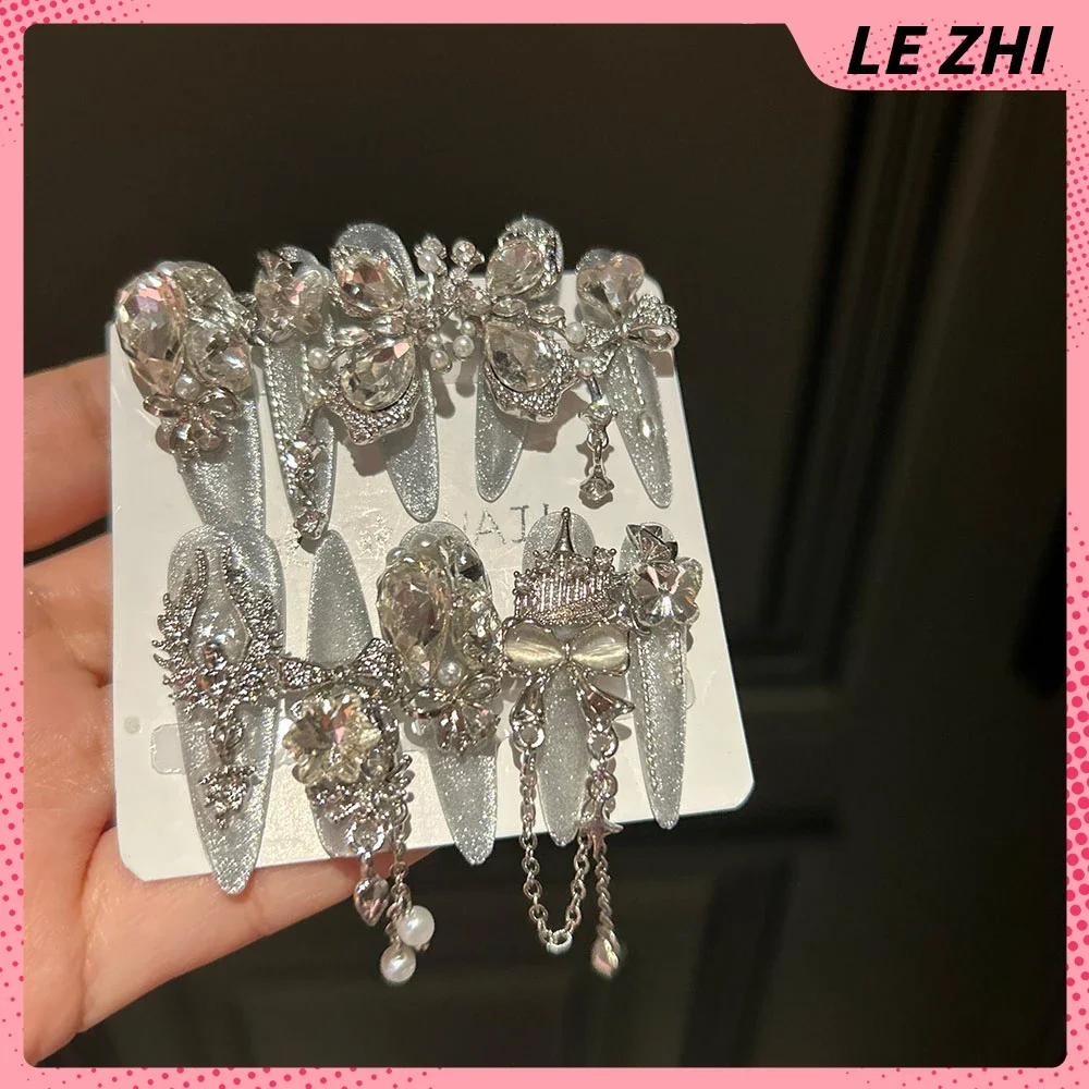 Luxury Court Romantic Rose Handmade Press On Nail Golden Butterfly False Nails 3D Rhinestone Pearl Detachable Full Cover Nails