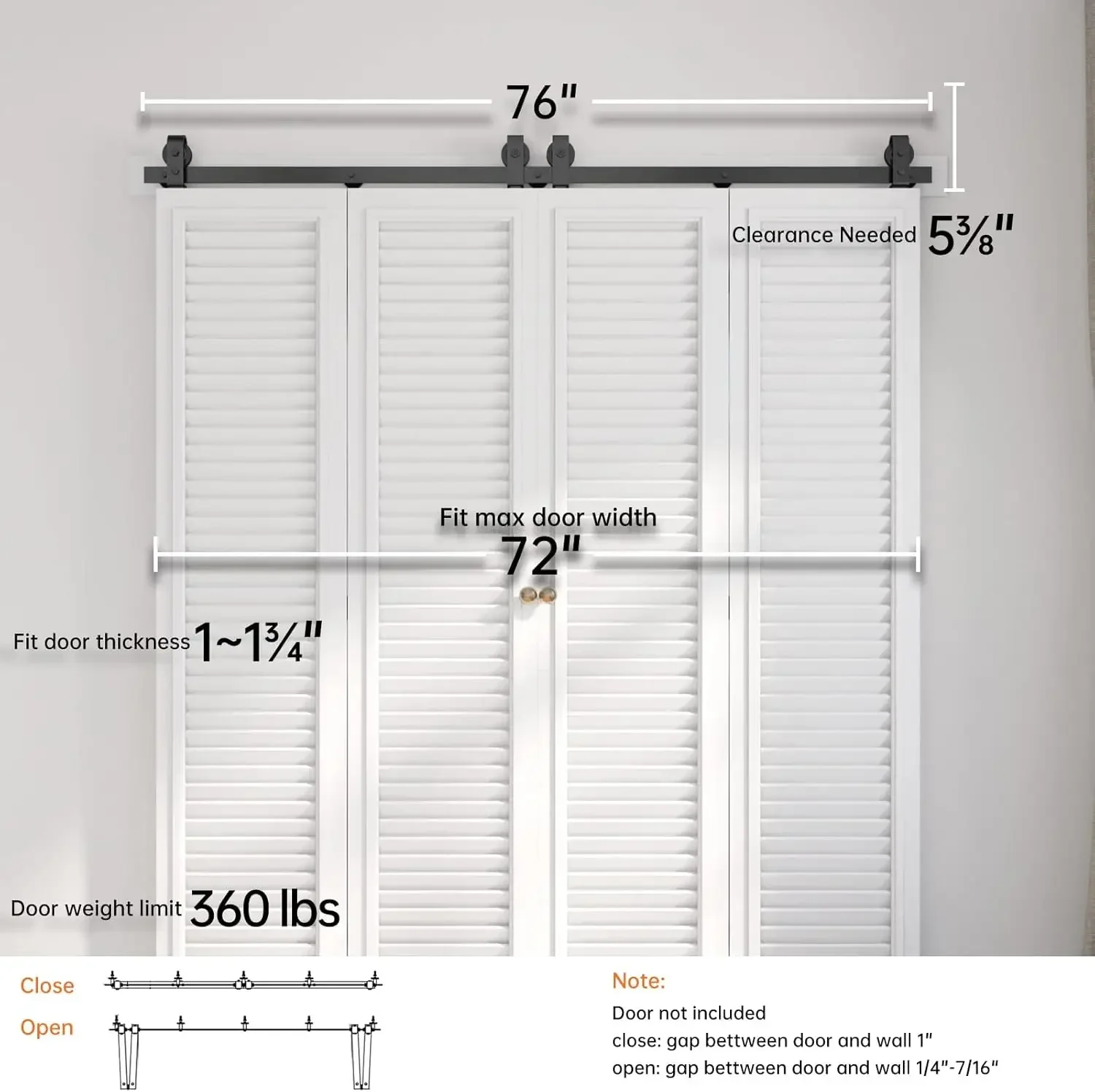 EaseLife 72 "bi-lipat pintu geser peralatan Jalur perangkat keras untuk 4 pintu lemari, atas Mount Roller, tugas berat, geser lancar Quietl