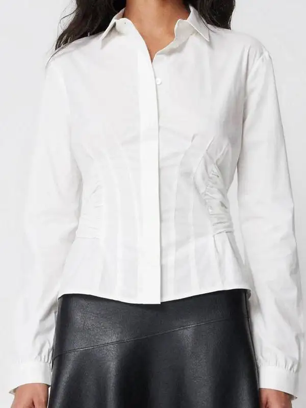 

White Short Shirt Women's Design Sense Belted High Waist Women's Shirt Cotton Bamboo Fiber Warm Long Sleeve Collar