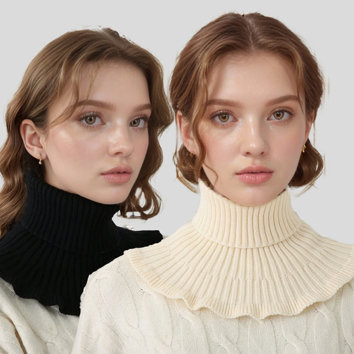 2pcs Knitted Fake Collar Scarf With Wooden Ear Women Turtleneck Warm Knitted False Fake Collar Detachable Scarf Winter Windproof