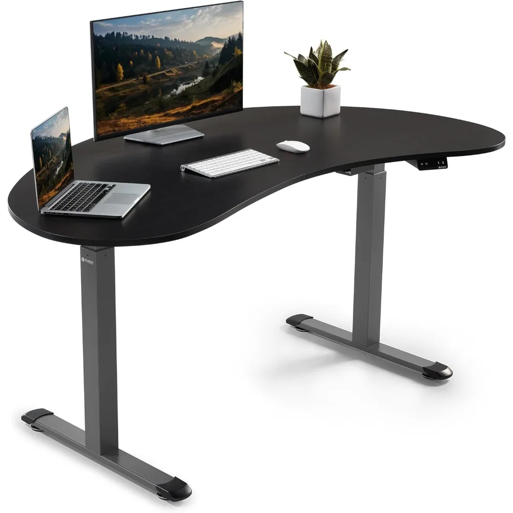 

70 Inch Home Office Desk Curved Desktop Table, Height Adjustable Sit Stand Up Desk,Cashew-Shaped ,Triamine Smoked Wood