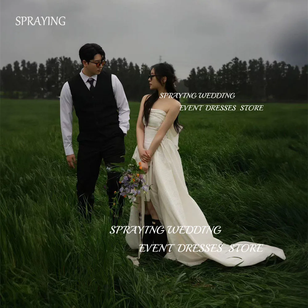 

SPRAYING Simple Korea A Line Taffeta Wedding Dresses Strapless A-line High Slit Floor-Length Bridal Gowns Garden Shooting