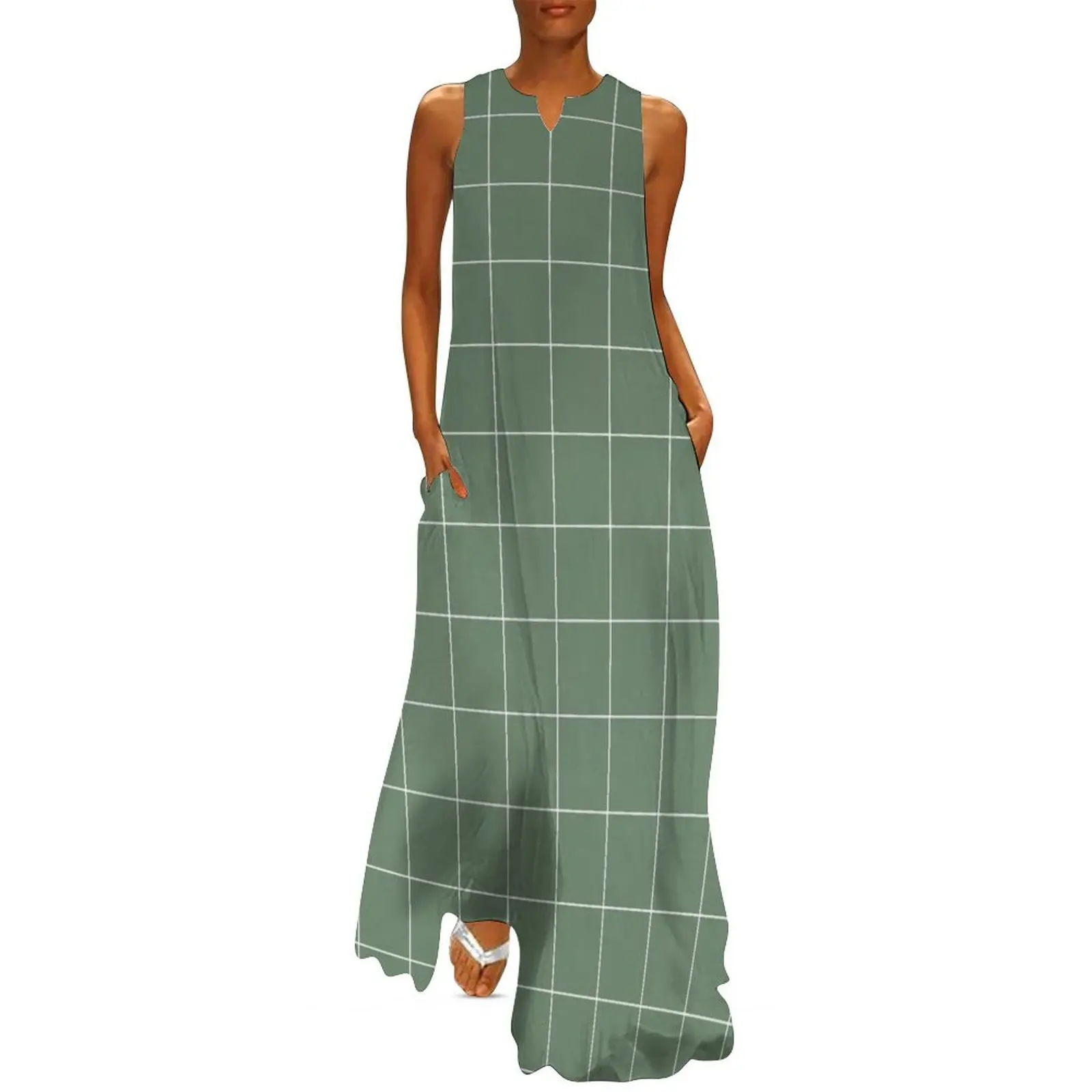 Windowpane Check Grid (white/sage green) Long Dress Elegant gown summer outfits for women 2025