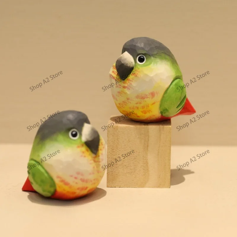 Handmade wood carving yellow edge little sun parrot table top ornament cute little fat chirp ornament