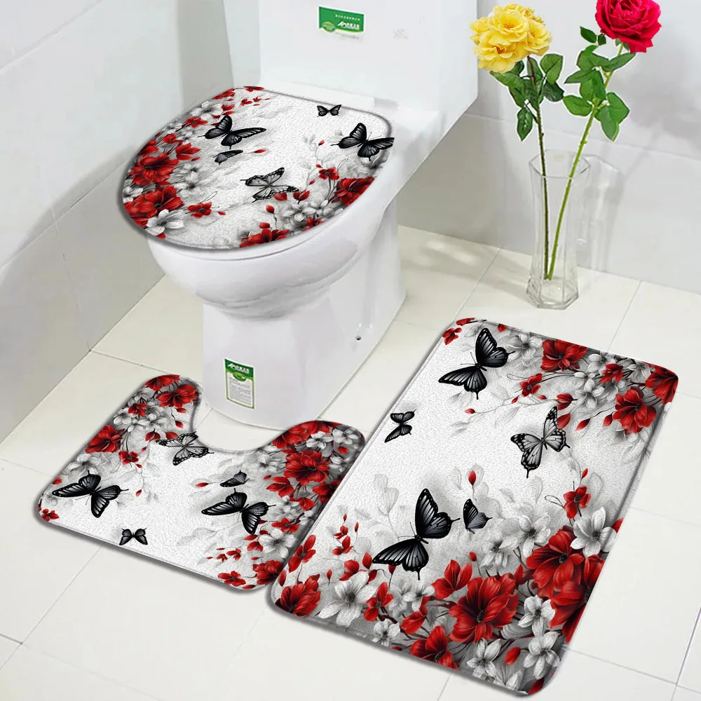 Butterfly Floral Bath Mat Set Black White Red Flowers Plant Butterflies Home Carpet Bathroom Decor Floor Rugs Toilet Lid Cover