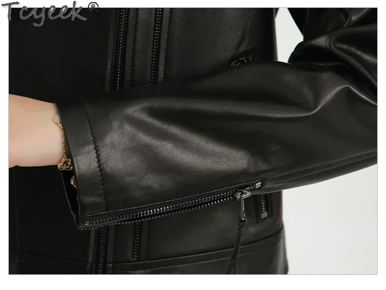 Tcyeek Echtes Leder Jacke für Frauen Schwarz Leder Mantel High-end-Schaffell Mantel Damen Jacken Frühling Herbst Kleidung 2024