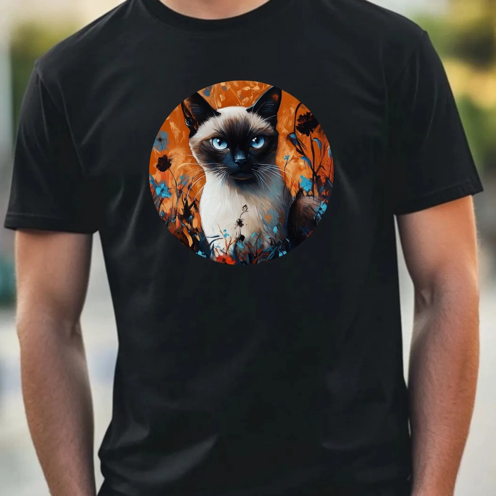 Herren-T-Shirt aus Baumwolle mit siamesischem Katzenporträtmotiv, Größe XS bis 5XL