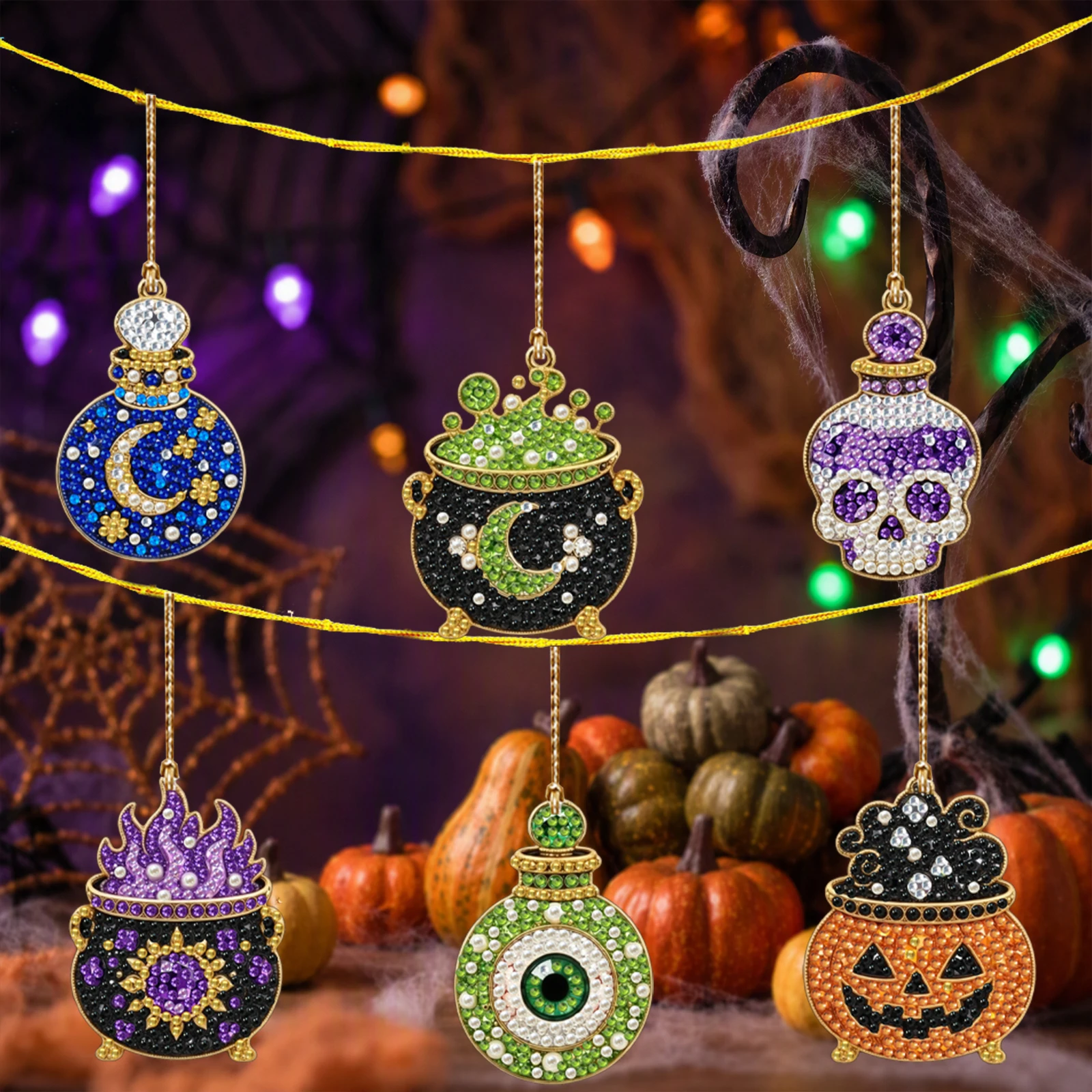 DIY Pearl Gem Diamond Painting Acrylic Pendant 6pcs Halloween Hanging Ornament Holiday Party Decor Kit