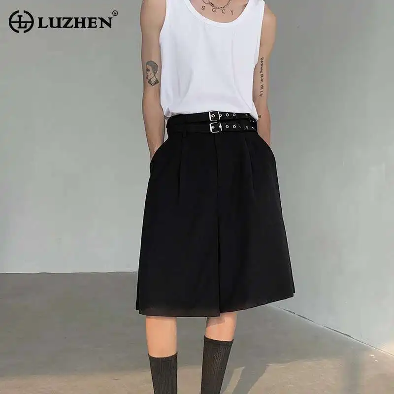 

Оригинальные модные шорты LUZHEN с ремнем и декоративным дизайном, оригинальные летние однотонные мужские прямые уличные брюки с пятью точками LZ2611