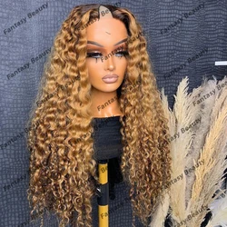 Honey Brown Deep Water Curly Human Hair 1x4 Middle V Part Wigs for Black Women Glueless 200Density U Shaped Wigs Full End 6Clips
