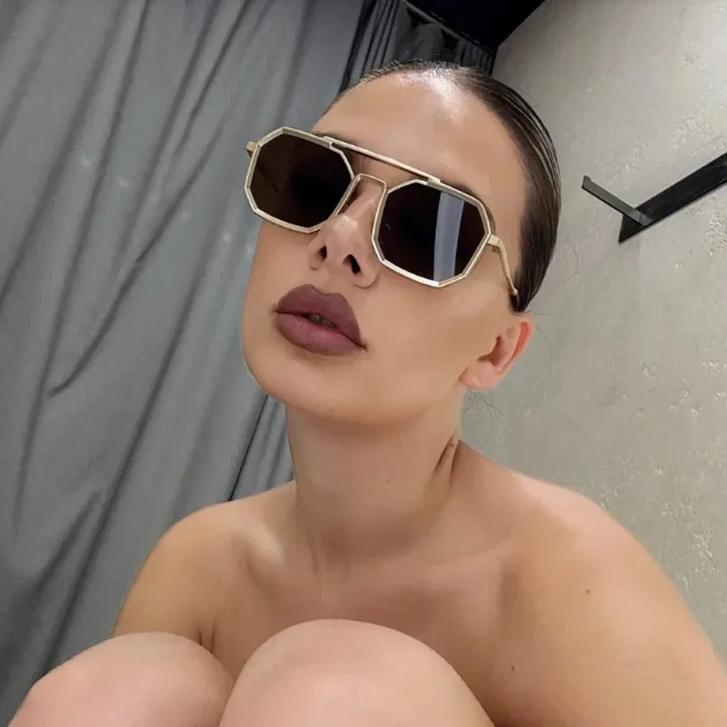 New Double Beam Metal Eyeglasses Large Frame Polygon Sunglasses Fashion Men Glasses Women Eyewear UV400 - view 6