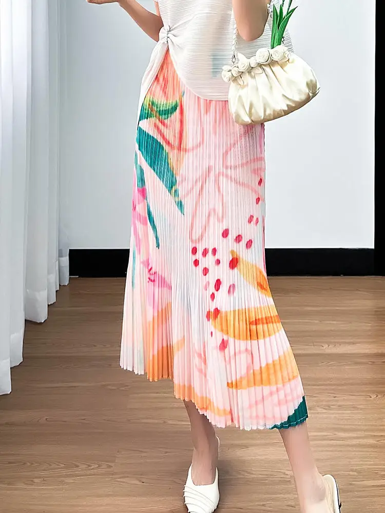 

Women Split Pleated Mid-length Slimming Printed Skirt for Spring Summer Vacation, Plus Size