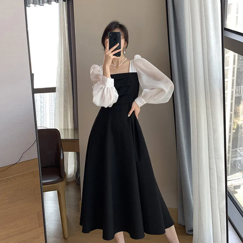 Casual Long-Sleeved Black Chiffon Skirt Temperament Dress Spring Autumn Patchwork Square Collar French Skirt Vintage Gauze Skirt