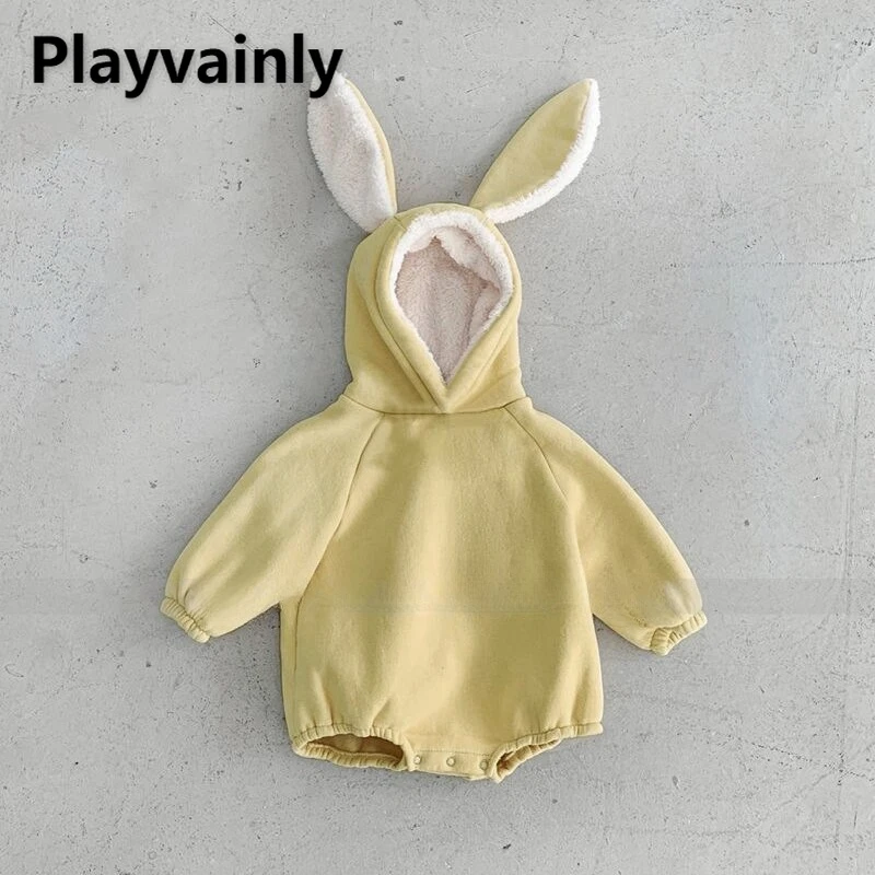 

Теплый флисовый детский комбинезон с капюшоном кролика, новинка 2025, зимний однотонный милый комбинезон унисекс с капюшоном, повседневная одежда для младенцев D1861