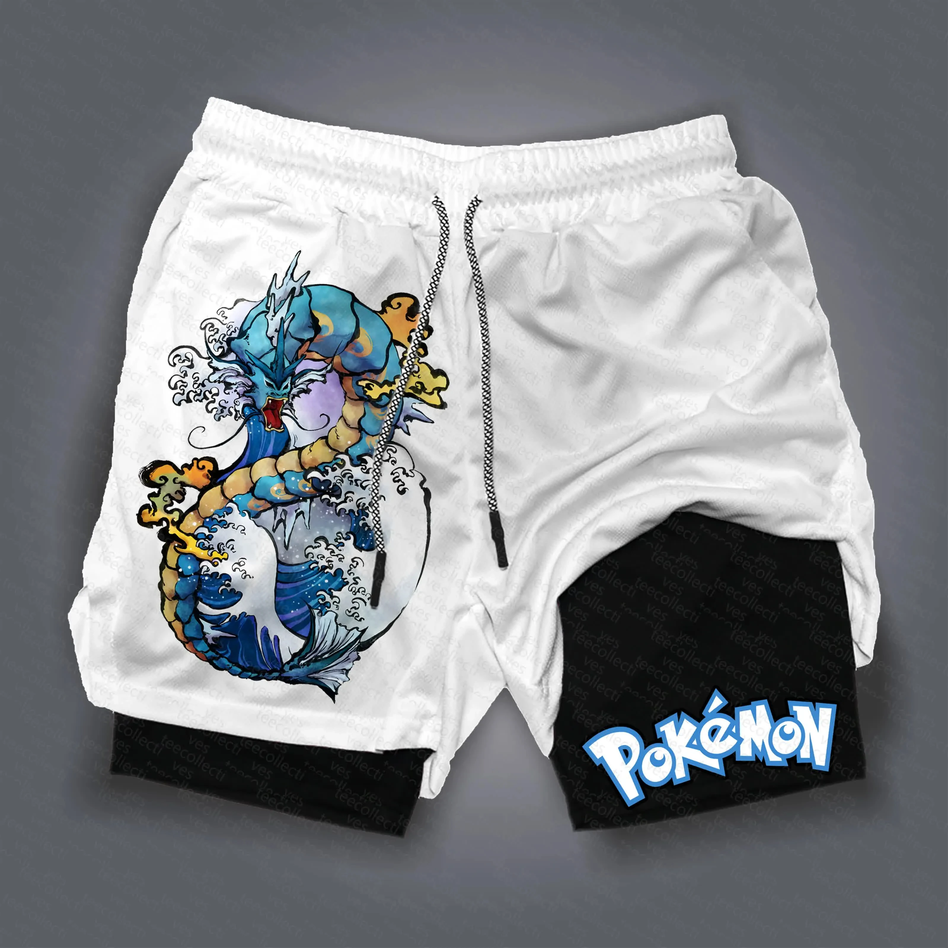 pokemon-gyados-shorts-masculino-algodao-calcas-esportivas-2025-verao-grafico-bottoms-base-branca-azul-amarelo-gyados-nuvem-onda-design