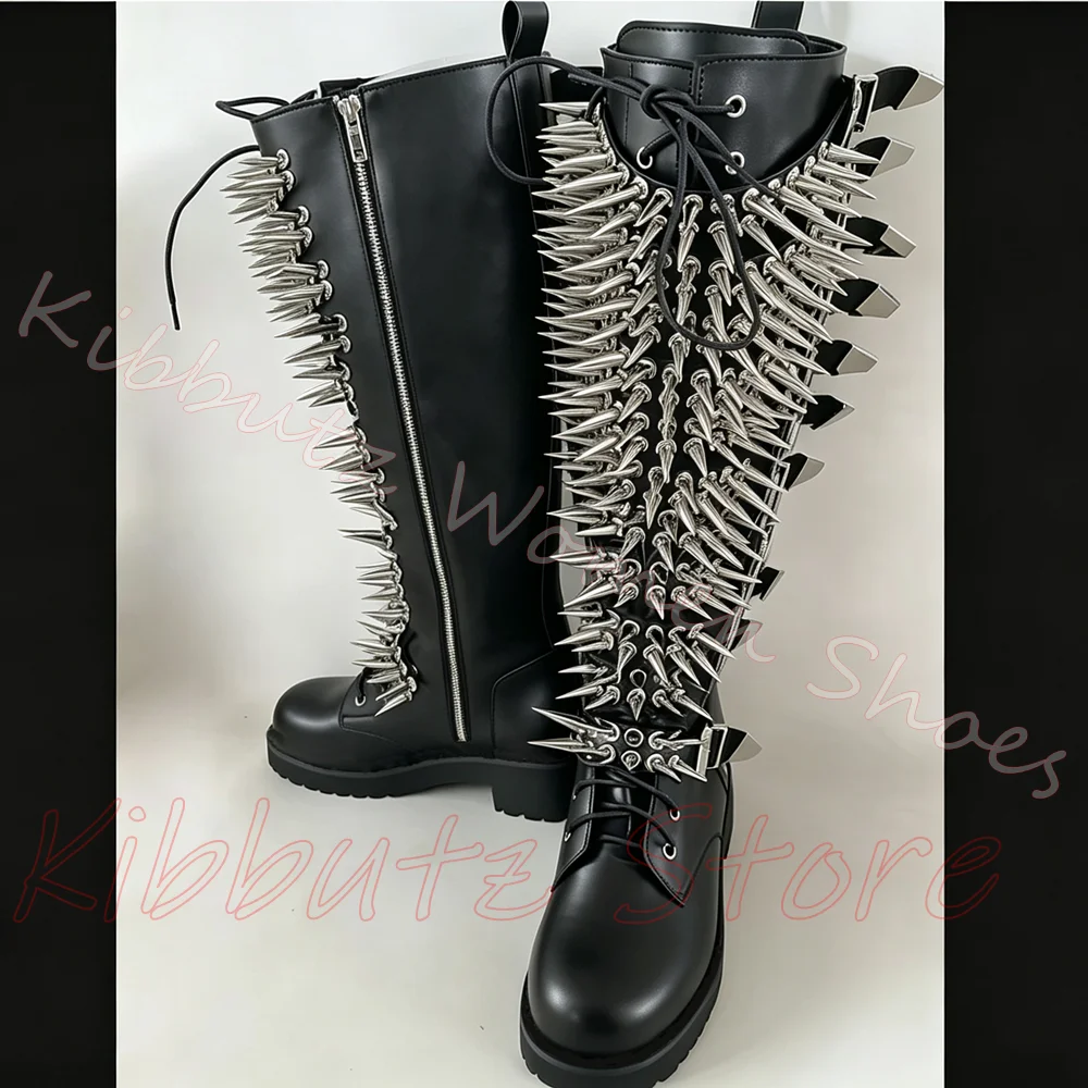 Nieten Stiefel Kniehohe Gothic Punk Rock Dunklen Stil Reißverschluss Gürtelschnalle Runde Kappe Chunky Heels Leder Neuheit Sexy Frauen Schuhe Neue
