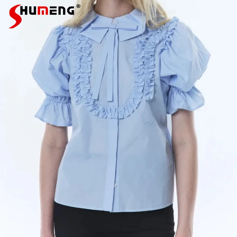 

2026 Summer New Blue Blouse Sweet Age Reducing Puff Sleeves Ruched Design Minimalist Casual Daily Commuter Fashion Shirt Ladies