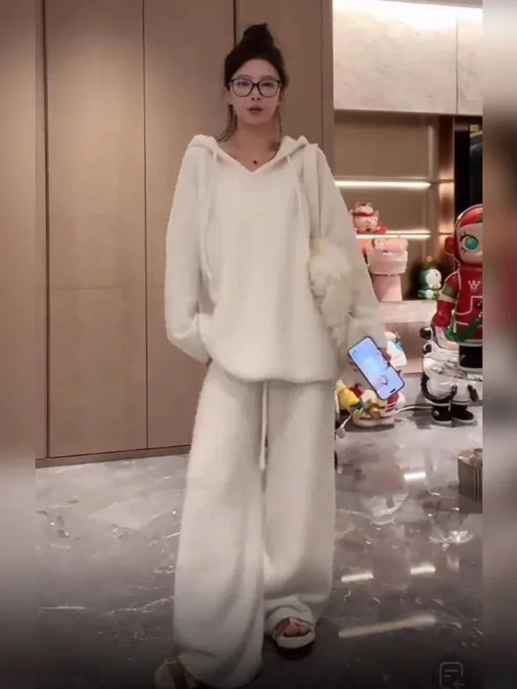 Flannel Pajama Sets Women Winter Hooded Sleepwear Thicken Warm Casual Baggy Home Ulzzang Simple Loungewear Fashion Comfortable image 4