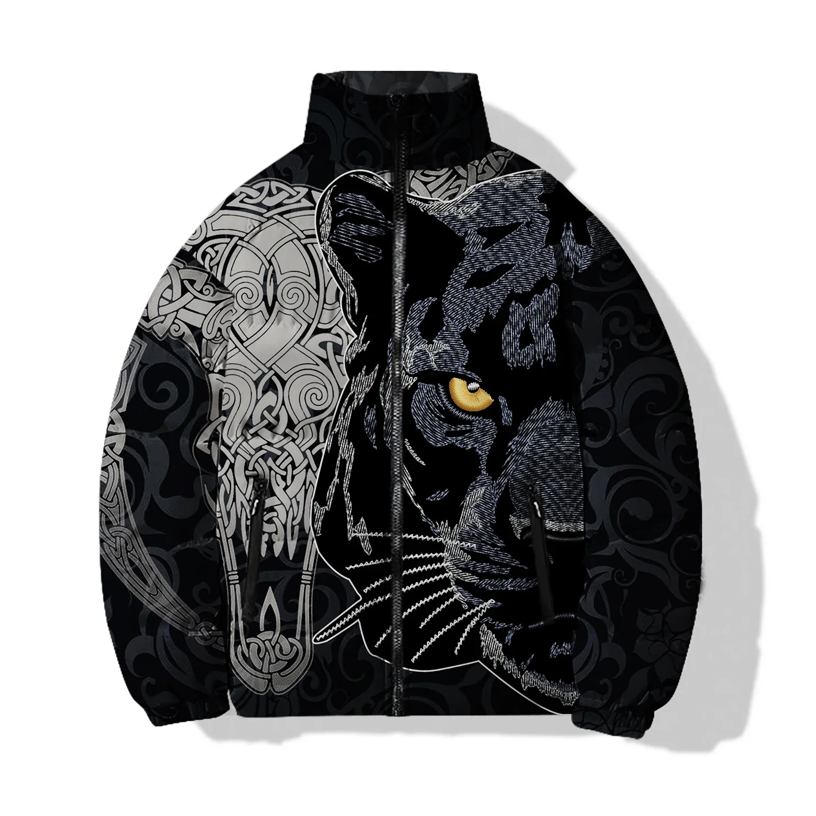 Men\'s Winter Cotton Coat Men\'s Casual Jacket Blue Eyes White Tiger and Black Panther Print Cotton Coat Mens Clothing Jackets Man