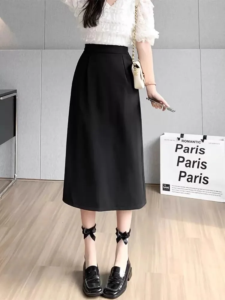 High Waist Midi A- Line Skirt Women's Fashion Spring Hot Sale Of The Season Polyester Blend Slimming Skirts Korean Style Half -.