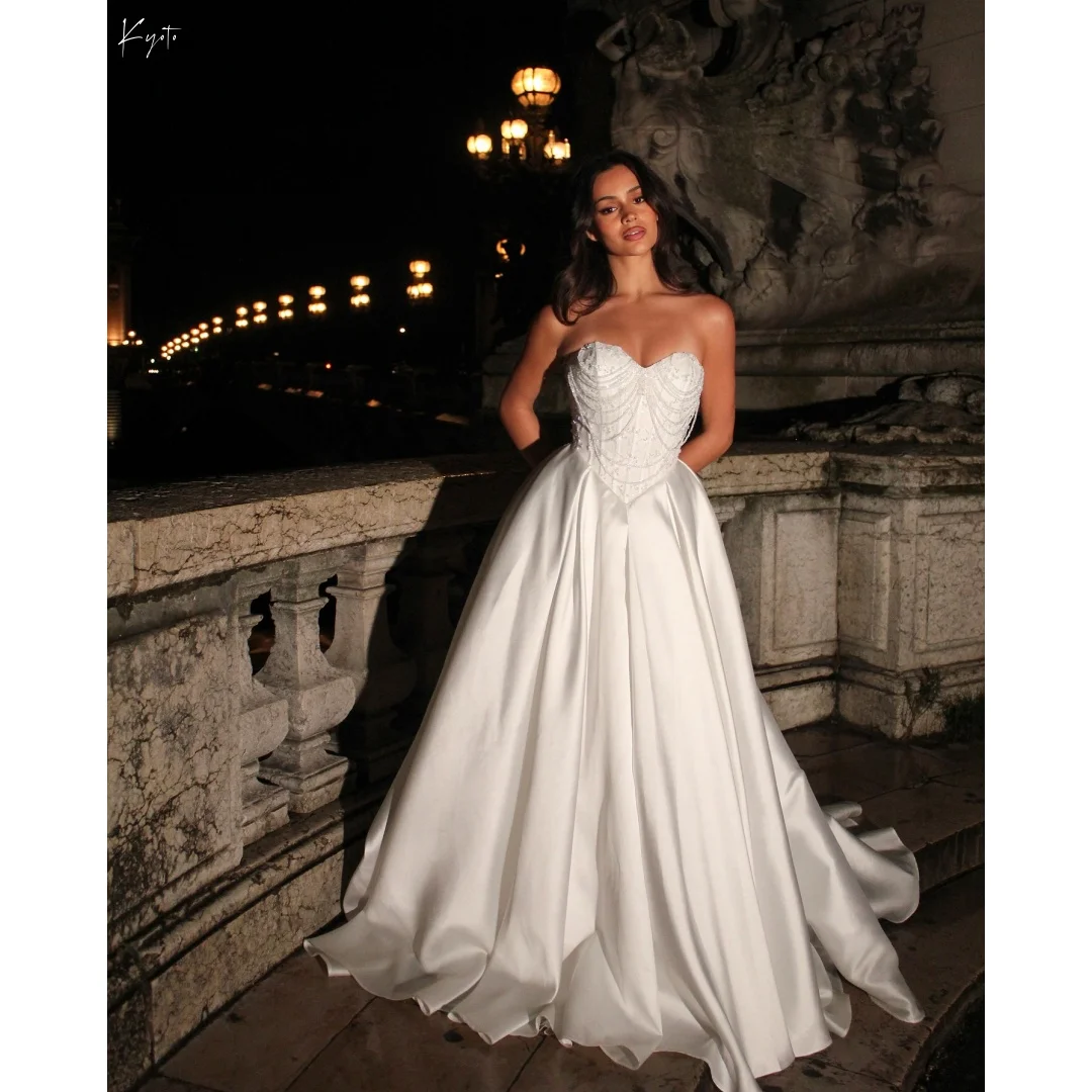 Kyoto personalizado branco sem alças drapeado pérolas vestido de casamento a linha cetim vestidos de noche até o chão vestidos de noite 2025