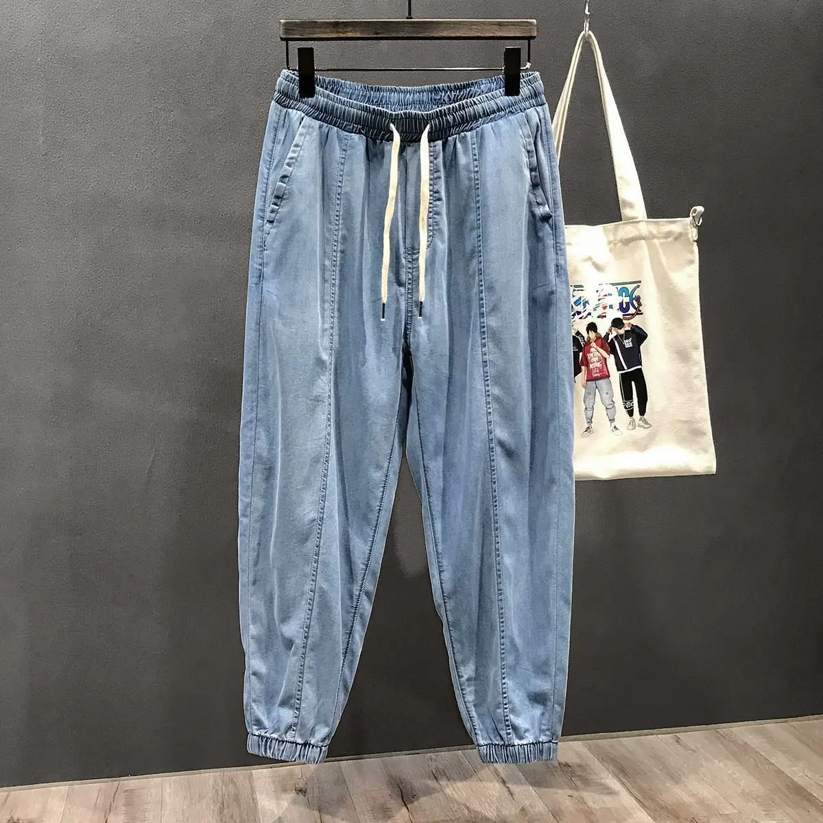 

Extra Large Size Summer Thin Ice Silk Men's Jeans Drapey Cuffed Nine-Piece Vintage Trendy Denim Pants Straight Leg Casual Jeans