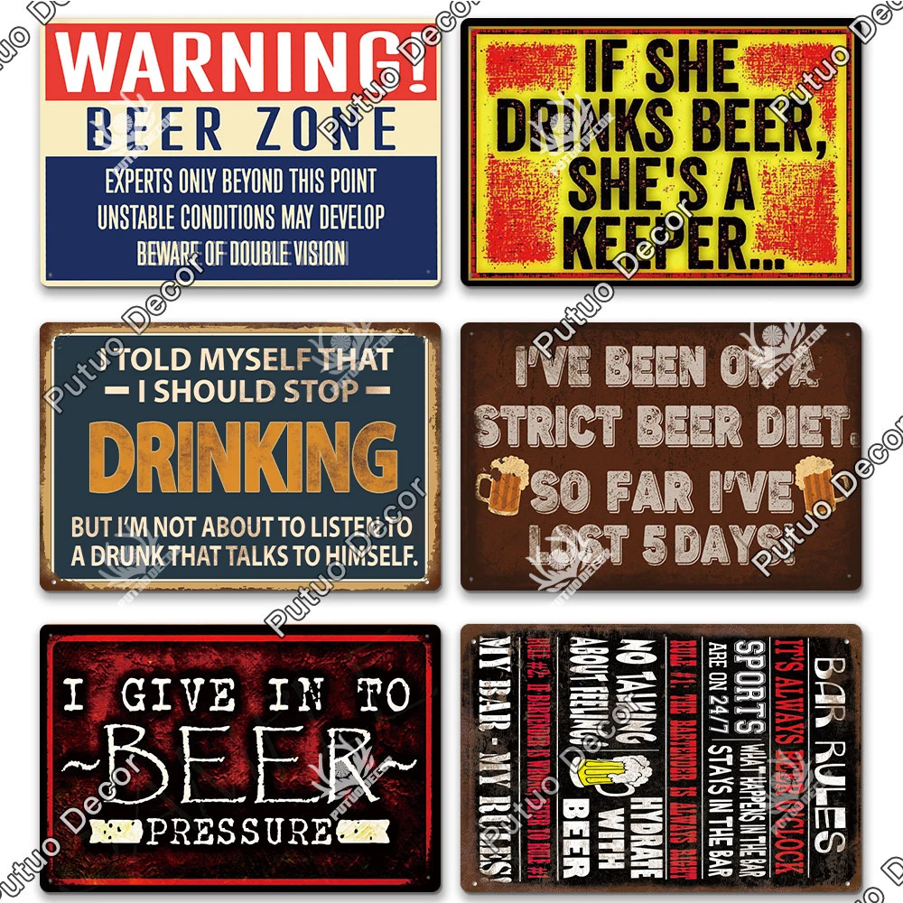 Putuo Decor Funny Beer Tin Sign Plaque Metal Plate Vintage Iron Poster Wall Art Painting for Pub Club Man Cave Bar Decoration