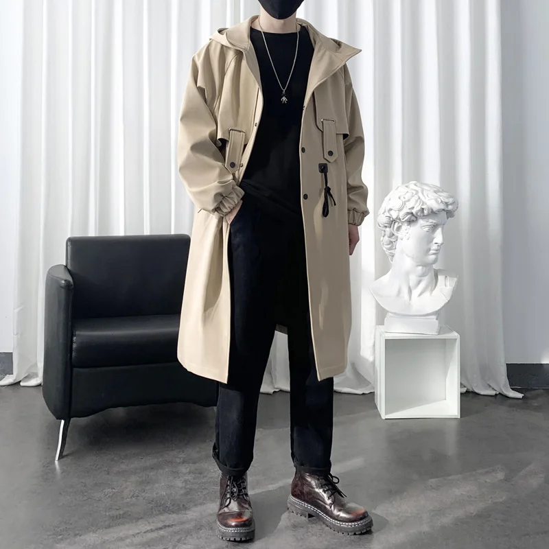 Trench Coat Mens New Fashion Hooded Overcoat Men Casual Windbreaker Solid Male Autumn Handsome College Homme Black/Khaki