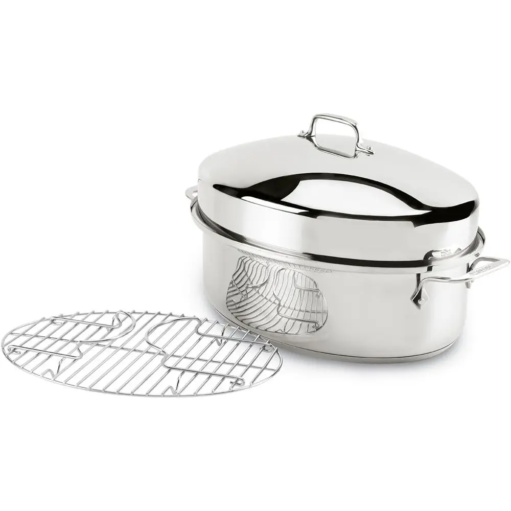 

All-Clad Specialty Stainlvered Oval Roaster 3 Piece, 19x12x10 Inch Oven Broiler Sae 600 Roaster Pan, Pots and Pans, Cookware Sil