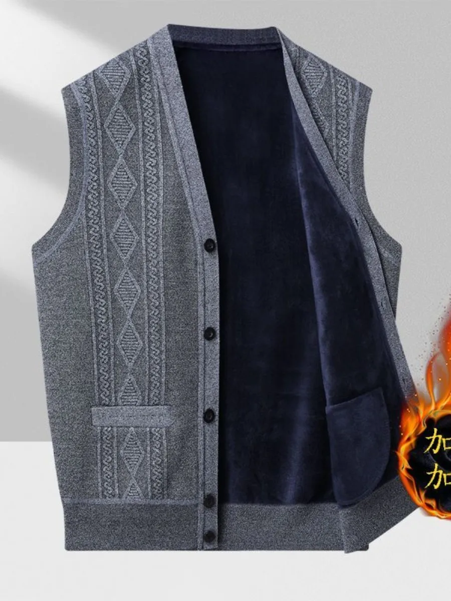 

Thiened Fce Lined Plaid Casual Vest for Men Autumn Winter Middle Aged And ly Red Knitted Waistcoat Faionable Urba...