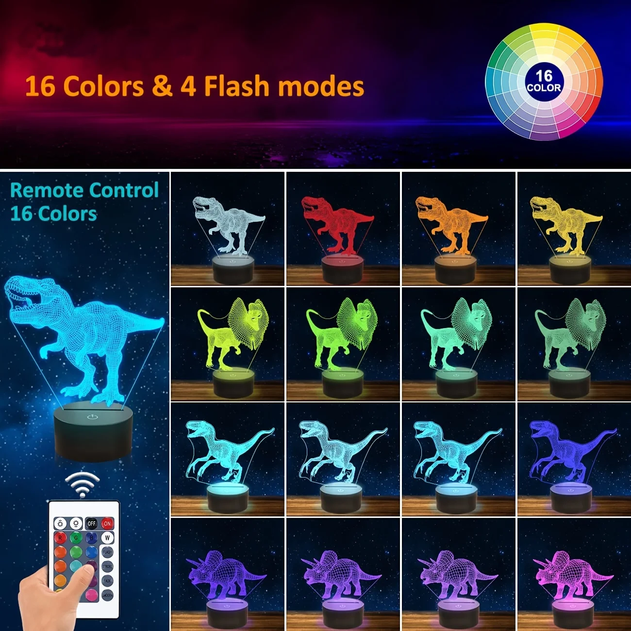 4pcs T-rex Dinosaur 3D Night Light (4 Patterns) With 1 Base, Remote Control & 16 Colors Changing & Dimmable Function & Gift Wrap