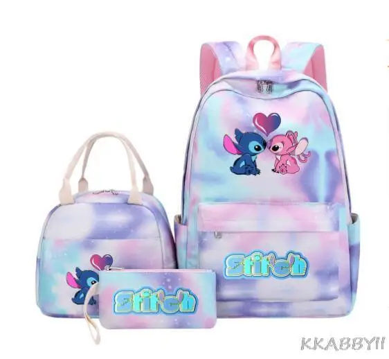 New Kawaii Stitch Girl Kids Pen Bag Lunch Bags Bookbags 3Pcs Teenagers Schoolbags Women Travel Laptop Backpack