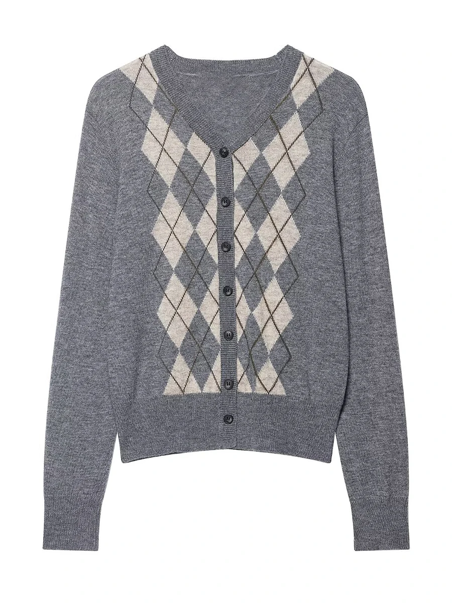 

Необычный клетчатый серый свитер, кардиган, женский осенний новый однобортный трикотаж, женские повседневные модные вязаные топы с длинными рукавами