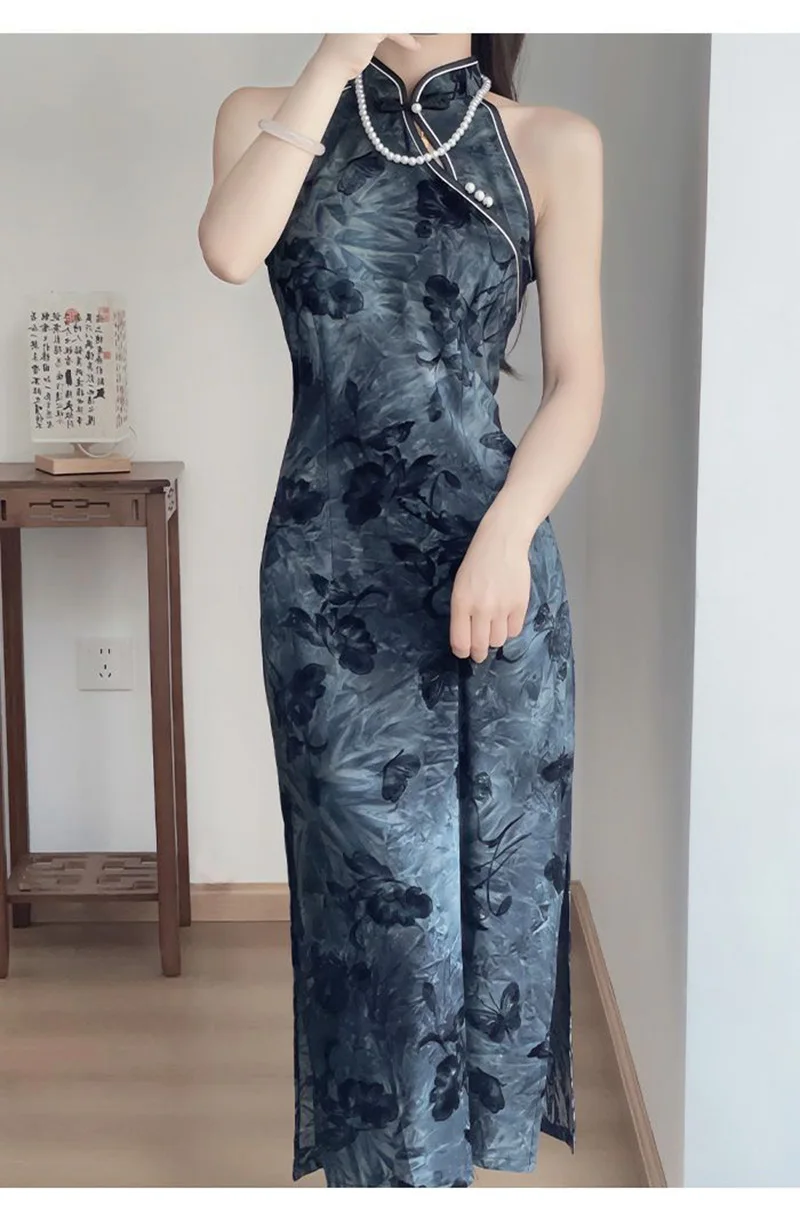 New Women Gray Long Cheongsam Chinese Style Female Floral Off Shoulder Halter Dress Vintage Qipao Sleeveless Dresses for Summer