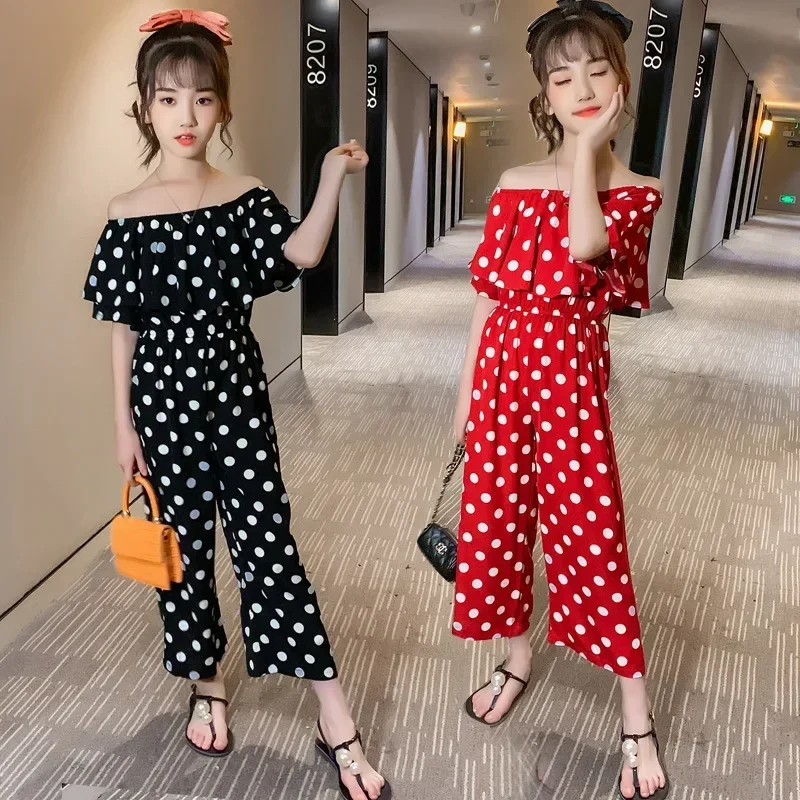 Kids Summer Jumpsuit for Girls Fashion Polka Dot Romper Girls Wide Leg Jumpsuit Children Clothing 8 10 12 Years Baby Girl Outfit