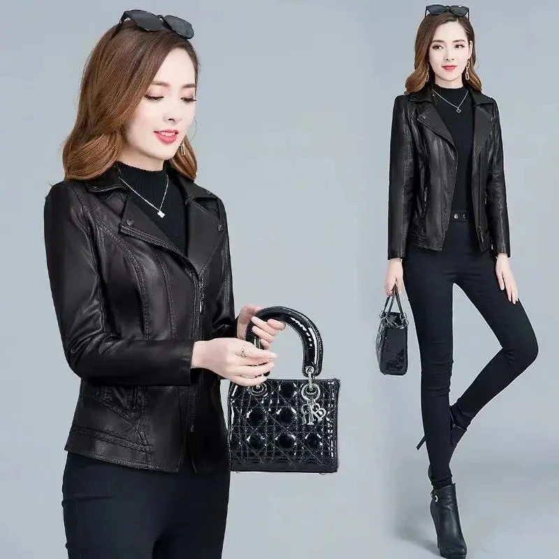 Hot Selling Women's PU Leather Coat 2023 Autumn New Zipper Faux Leather Windbreaker Short Jacket Middle Aged Mother Overcoat 6XL