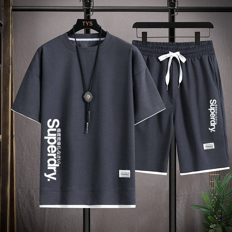 

summer new men's round neck pullover sports suit fashionable printed men's casual short sleeved T-shirt shorts two-piece set