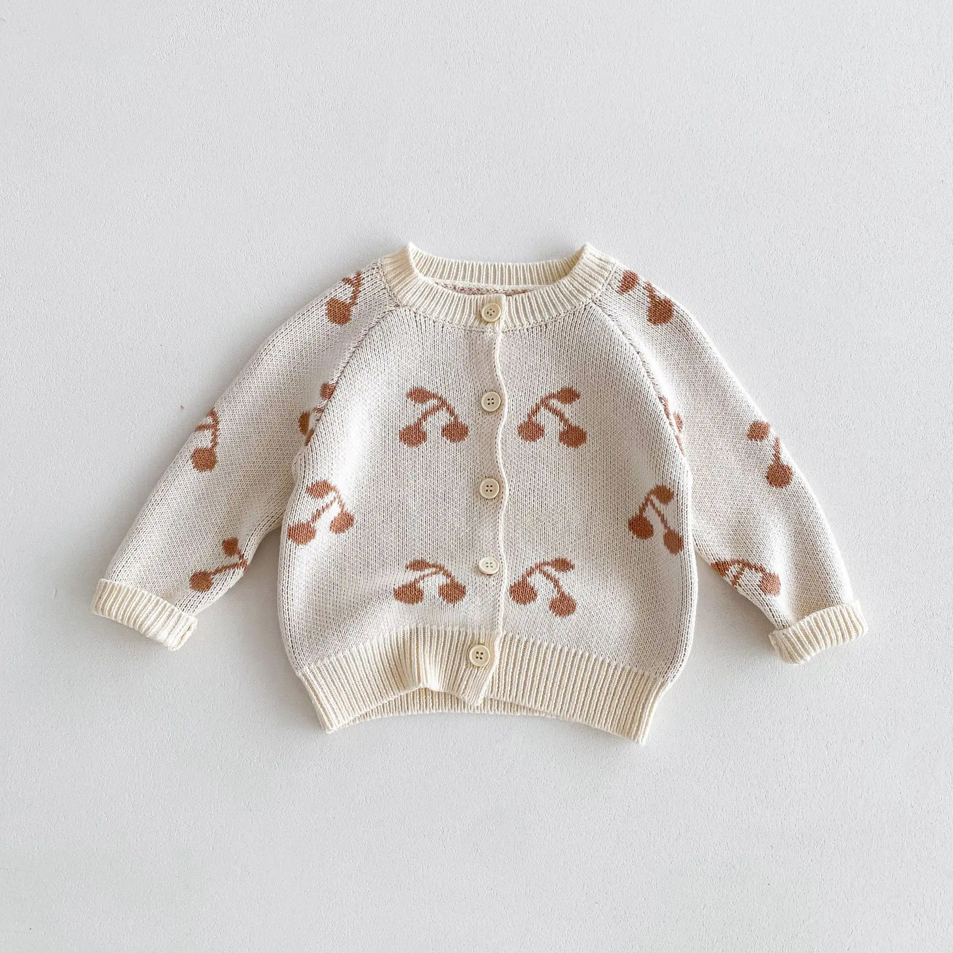 2024 Autumn New Children Knitted Cardigan Baby Girls Cherry Print Sweater Coat Toddler Casual Knitwear Kids Versatile Jacket