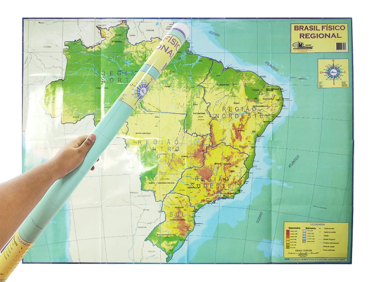 Mapa de Brasil de Física Regional C/hipsómetro y escuela grande, 120x90CM actualizado