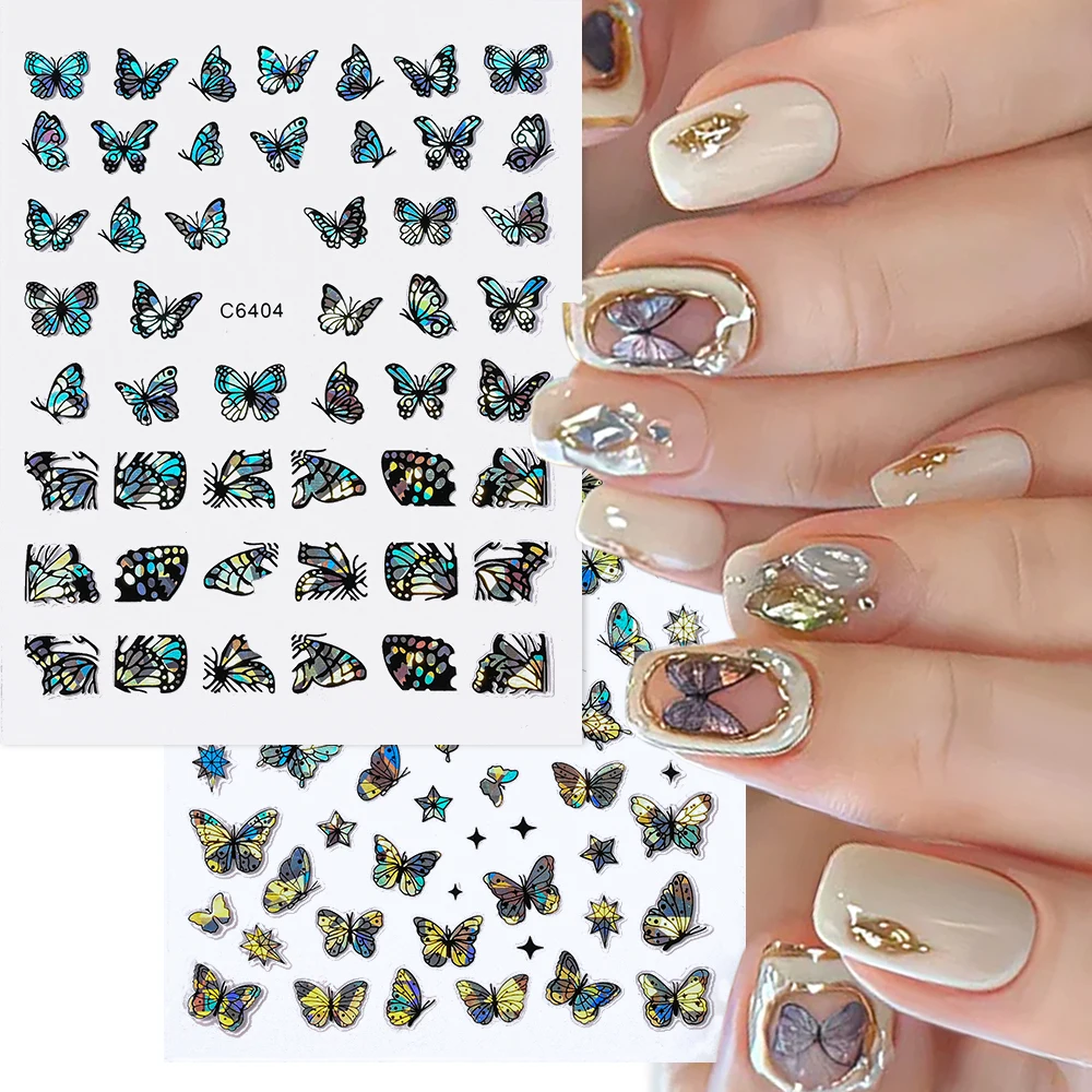 3D Black Laser Butterfly Nail Stickers Holographic Y2K White Wing Butterfly Star Decal Nail Charms Korean Manicure Decoration