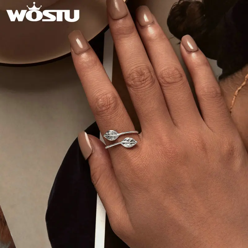 WOSTU Real 925 Sterling Silver Vintage Leaf Open Ring For Women Classical Stackable Adjustable rings Party Jewelry Gift Handmade