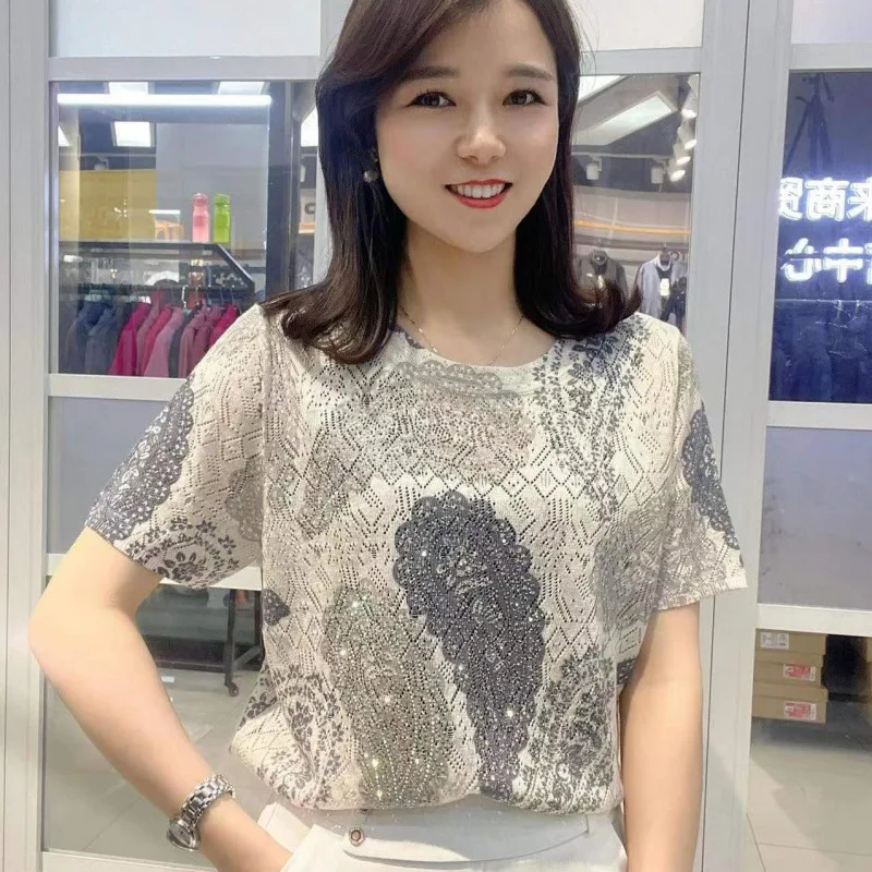 Summer Fashion Foreign Style Print Short-sleeved Round Neck T-shirt Women's Bottom Shirt Printed Thin Women Loose
