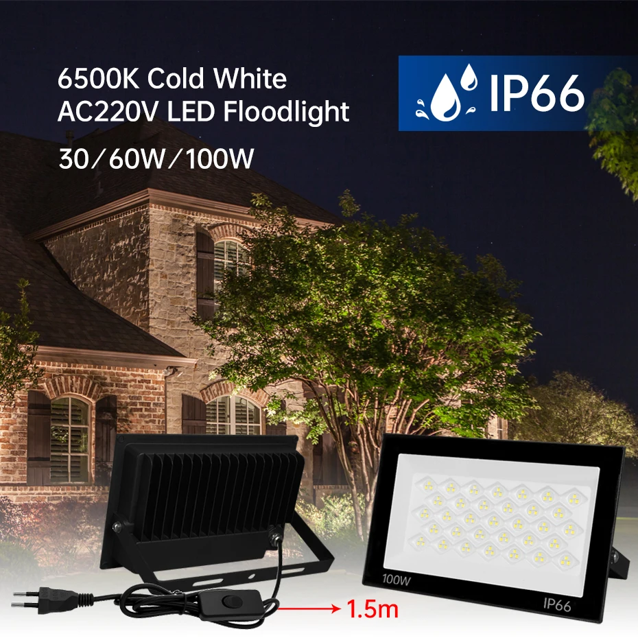 

Светодиодный прожектор AC 220V с вилкой UK/EU/AU, выключателем ON/OFF, 30W/60W/100W, уличный прожектор IP66, водонепроницаемый светодиодный уличный светильник
