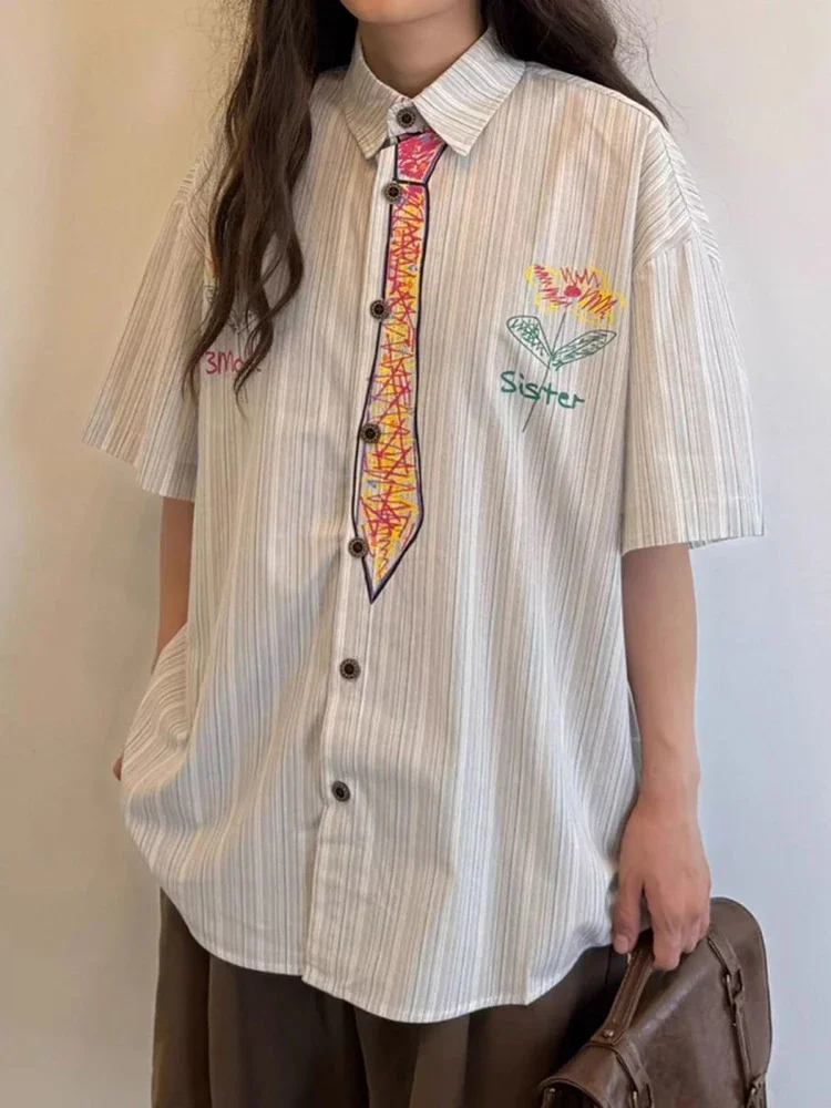Zoki Hand Painted Y2K Shirt Women Loose Casual Preppy Style Blouse Vintage American Oversize Harajuku Short Sleeve Cute Bf Tops