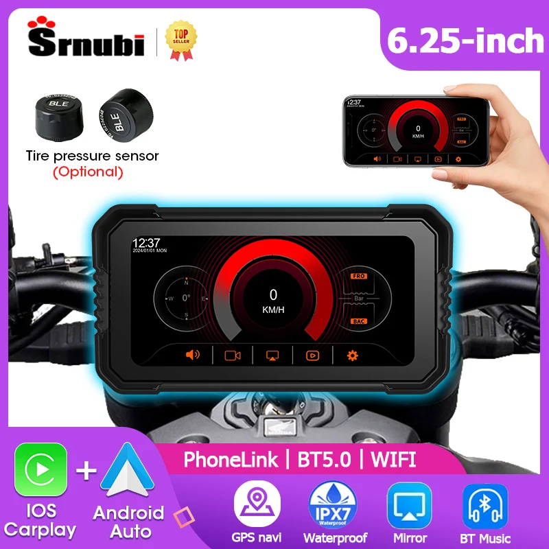 

Srnubi 6.25" Carpay Screen for Motorcycle Navigation GPS IP67 Waterproof Bluetooth Wireless Android Auto Moto Radio with TPMS