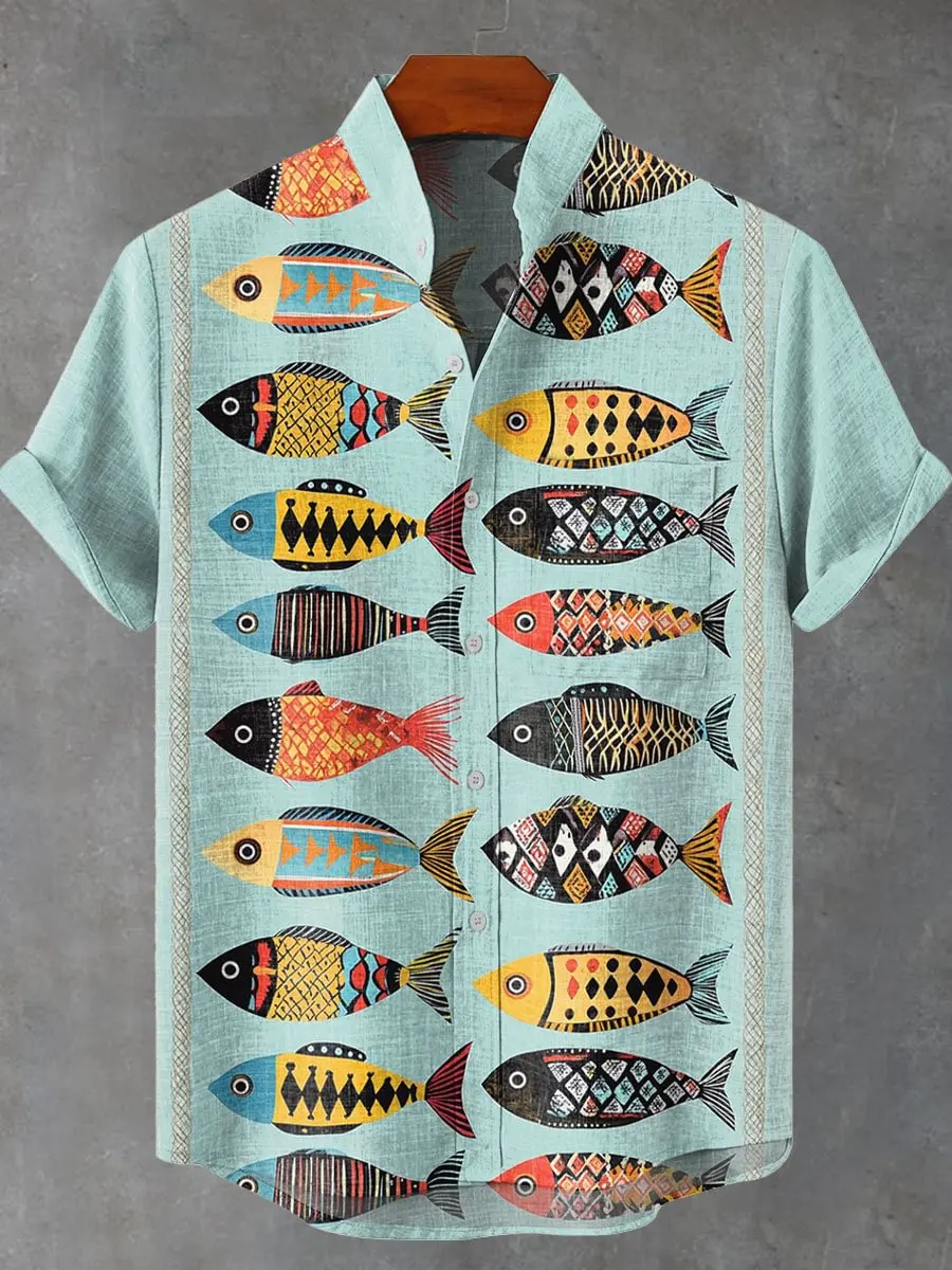 

2025 Men's New Fish Pattern Linen Short Sleeve, Summer Comfortable Fabric Button Top Fishing Enthusiast Clothing