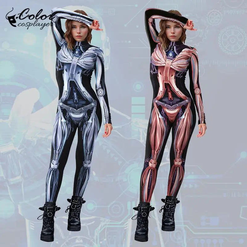 Kleur Cosplayer Machine Jumpsuit Robot Cosplay Kostuum Halloween Paar Outfit Bodysuit Festival Elastisch Zentai Pak