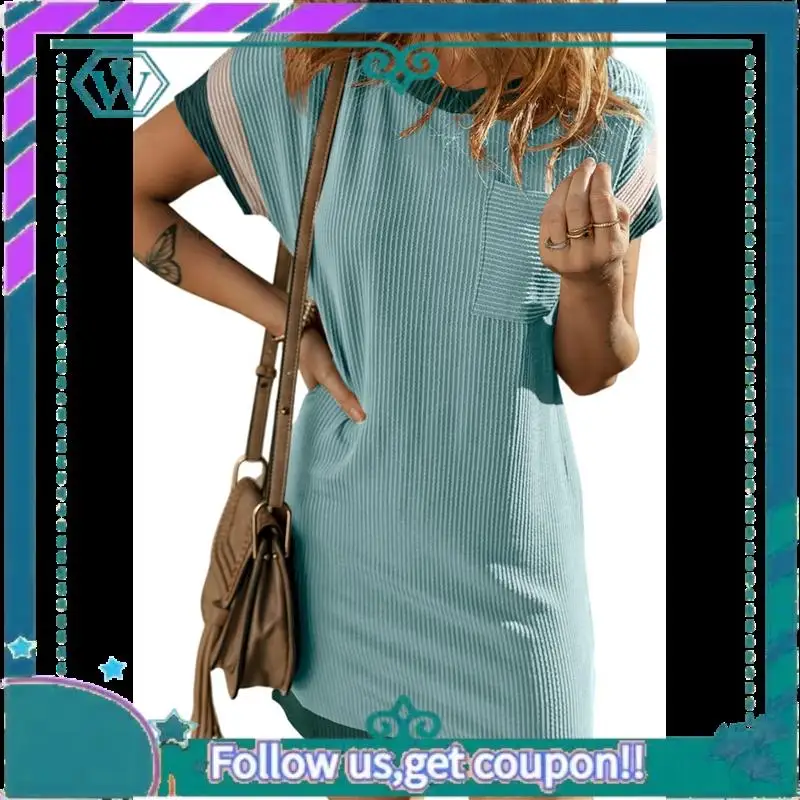 A09P – robe t-shirt à manches courtes et col rond pour femme, tenue décontractée, bloc de couleurs, été