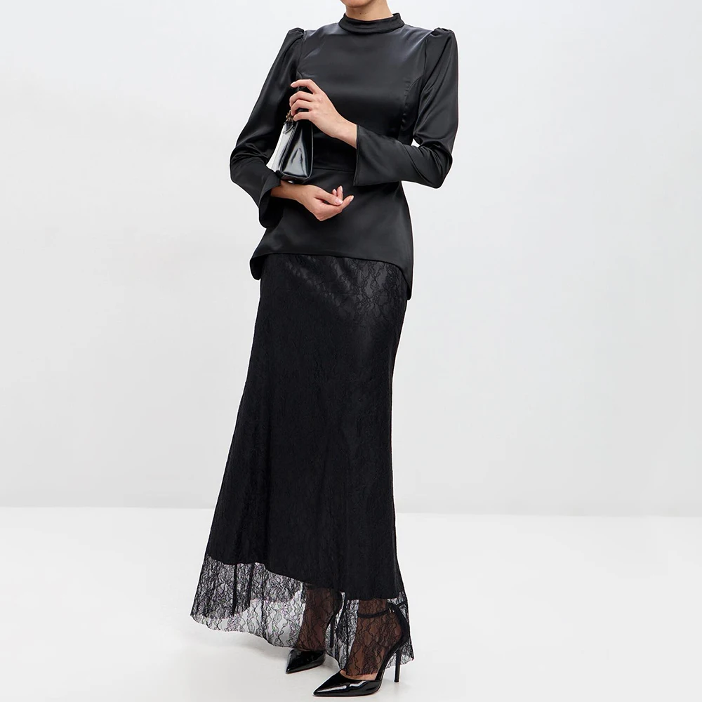 

Customized A-line Evening Dresses Ankle-length High-neck Full Sleeve Prom Gown Simple Fashion Lace Draped Casual Party Gown